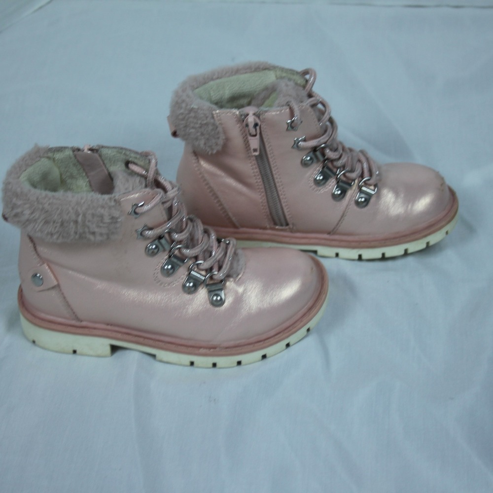Dream‎ Pairs Kids Girls Pink Metallic Lace Up Fur Trim Winter Boots Size 10
